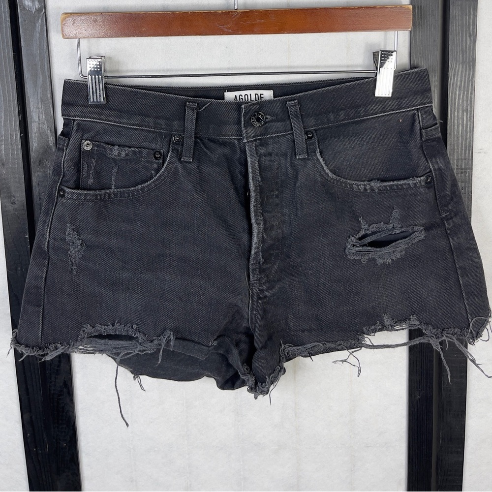 Agolde Black Distressed Jean Shorts Raw Hem